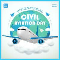 International Civil Aviation Day. Airplane and paper airplane on cloudy earth background. theme banner. Vector illustration. 3d vector suitable for business, campaigns and events