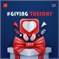 Heart symbol inside a text bubble with a giving hand element and a white gift box with a red ribbon, 3d vector suitable for Giving Tuesday