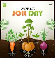 World Soil Day. Onions, carrots and potatoes planted in soil, the importance of healthy soil. 3d vector suitable for earth day, green world, events, agriculture, business and education