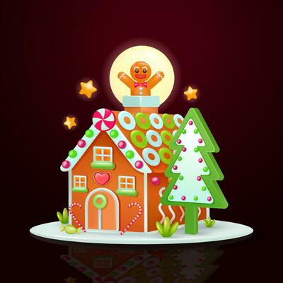 Gingerbread house with cookie tree and gingerbread man, 3d vector. Perfect for Christmas, holiday and party cookies