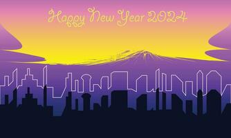 new year 2024yellow purple horizontal mountain sky building landscape vector background.