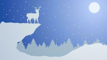 Wildlife in winter landscape vector illustration. Silhouette of reindeer at pine forest in cold season. Winter wildlife landscape for background, wallpaper or landing page