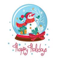 Christmas snow globe with a cute snowman in a snowy forest. Greeting card. Vector. vector