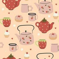 Seamless pattern with cute cups and teapots. Vector graphics.