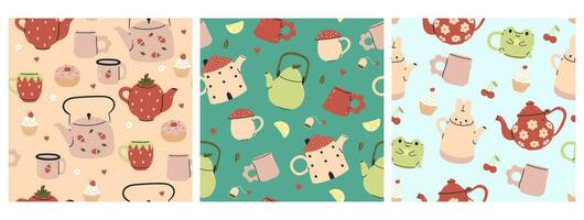 Set of seamless patterns with cute teapots and cups.Vector graphics. vector