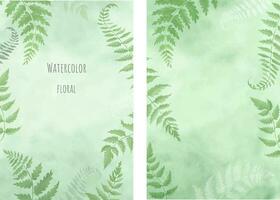 Watercolor floral backgrounds set. Hand drawn illustration with green fern. vector