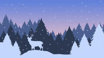 Winter landscape vector illustration. Winter silhouette with reindeer and pine forest in the snow hill. Silhouette of cold season for background, wallpaper or landing page