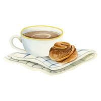 Coffee cup with cappuccino and cinnamon roll bun on white striped napkin vector watercolor illustration for menus, invitations