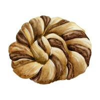Swedish chocolate braided bread bun with cinnamon watercolor vector illustration. Bakery round dessert, wreath pastry