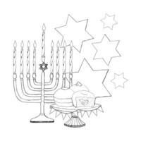 Vector hand drawn Hanukkah symbols with menorah, candles, stars of David and donuts black and white ink illustration