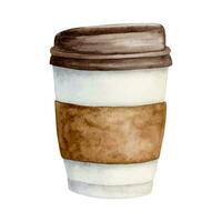 Paper coffee cup for takeaway vector watercolor illustration. Food illustration for hot drinks with lid and brown cupholder. Coffee to go template for bakery design