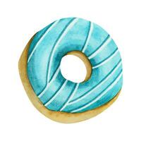 Turquoise blue glazed donut watercolor illustration. Delicious round doughnut with topping vector