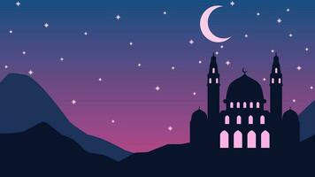mezquita silueta paisaje vector ilustración. paisaje Ramadán diseño gráfico en musulmán cultura y islam religión. antecedentes de mezquita en el noche para islámico fondo de pantalla diseño