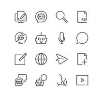 Set of ai chat bot related icons, feedback, send, upload, message, communication and linear variety vectors. vector