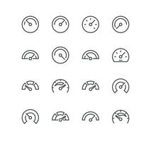 Set of speedometer related icons, odometer, dashboard, car speedometer, efficiency, velocity, gauge and linear variety vectors. vector