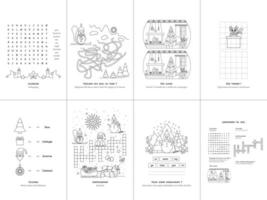 Set of seven games. Christmas Theme. Game and coloring page for kids. Danish language. Vector illustration. Set No. 1.