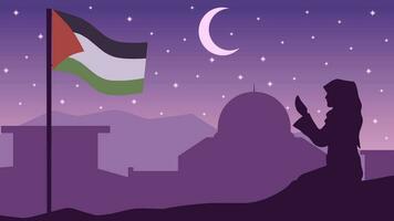 Palestine landscape vector illustration. Silhouette of al aqsa mosque at night with woman muslim praying. Landscape illustration of palestine for background or wallpaper