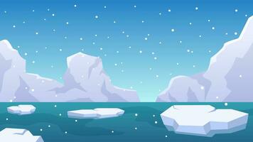 Antártida iceberg paisaje vector ilustración. mar hielo paisaje con glaciar casco y nevada. ártico hielo tierra paisaje para fondo, fondo de pantalla o aterrizaje página