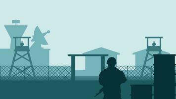 Military base landscape vector illustration. Silhouette of soldier at military base with watchtower and barracks. Military landscape for background, wallpaper or landing page