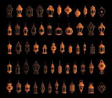 Ramadán linterna lineal iconos, árabe lámpara, linterna icono, musulmán antiguo lámpara símbolo, musulmán celebrar íconos conjunto vector. vector