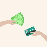 Hands holding credit card and banknotes. Cash and non-cash money turnover. Concept of financial operations, transactions, investments. Flat Vector illustration.