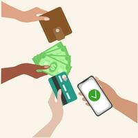 Hands with different payment methods vector illustrations set. Hands holding wallet with money, banknotes or cash, coins, phone and credit card isolated on background. Payment, banking concept