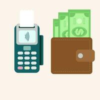 Cash and POS terminal. Purchase, cash out, cashback concepts. Flat illustration, flat design graphic for web sites, web banners, mobile app, infographics, printed materials. Modern vector illustration