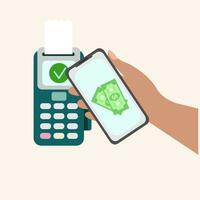 manos con teléfono inteligente cerca pos terminal vector ilustración. dibujos animados nfc chip tecnología para pago para compras en almacenar. inalámbrico sin contacto sin efectivo pago concepto