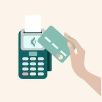 POS terminal with credit card. Contactless payment by card, EMV chip payment method concept. Vector flat illustration.