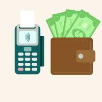 Bank payment terminal and brown wallet with cash. POS terminal and wallet with banknotes. Payment machine. Credit card reader. Vector illustration