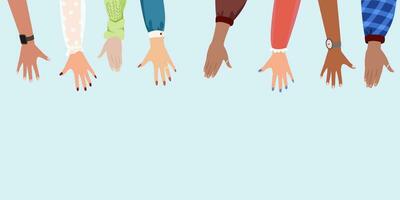 human palms with different gestures, group of diverse people arms rising together volunteer community concept. Vector flat banner. Multinational characters.