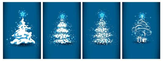 Set of light vector stylized Christmas trees on blue background. Christmas card with blue Magic Tree. on blue background Vector illustration.