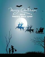 Christmas and new year 2024 banner Christmas elves flying with gifts on Santa's sleigh. at night, the moon shines. vector