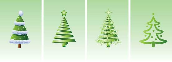 Collection of green Christmas trees with stars. Christmas tree vector 3d illustration. on a green background