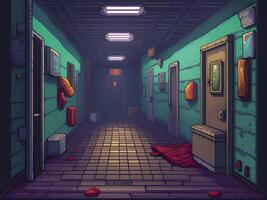 cartoon illustration of the interior of a room with a door, pixel art photo