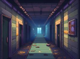 cartoon illustration of the interior of a room with a door, pixel art photo