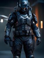 3d rendering of a man wearing a helmet in a futuristic suit photo
