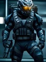 3d rendering of a man wearing a helmet in a futuristic suit photo