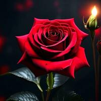 A mesmerizing Red Rose flower unfurling in black background  AI Generative photo