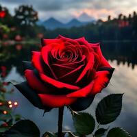 A mesmerizing Rose Flower unfurling in front of river AI Generative photo