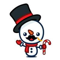 Cute And Kawaii Style Christmas Snowman Cartoon Character With Moustache And Candy Cane vector