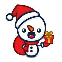 Cute And Kawaii Style Christmas Snowman Cartoon Character With Bag and Present Box vector