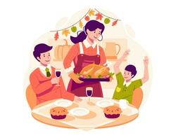 Happy Thanksgiving Day With the Family Father, Mother, and Son Having Dinner Together Around the Table With a Roasted Turkey and Food vector