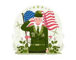 un hembra mayor veterano saludando en veteranos día con un revoloteando americano bandera antecedentes vector