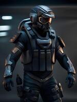 3d rendering of a man wearing a helmet in a futuristic suit photo