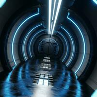 el neón azul burbuja de aire túnel brilla alrededor el corredor en el reflexivo hormigón piso. foto