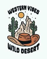 Western vibes wild desert design with cowboy hat vintage vector art