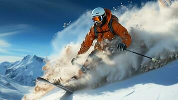 Alpine skiing sliding down snow-covered slopes on skis with fixed-heel bindings. Ai Generated. photo