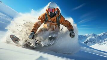 Alpine skiing sliding down snow-covered slopes on skis with fixed-heel bindings. Ai Generated. photo