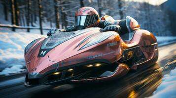 Bobsleigh racing on the road is a winter sport. Ai Generated. photo